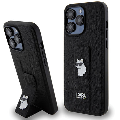 Husa MagSafe pentru Apple iPhone 14 Pro Max, Karl Lagerfeld, Saffiano Gripstand Choupette, Neagra