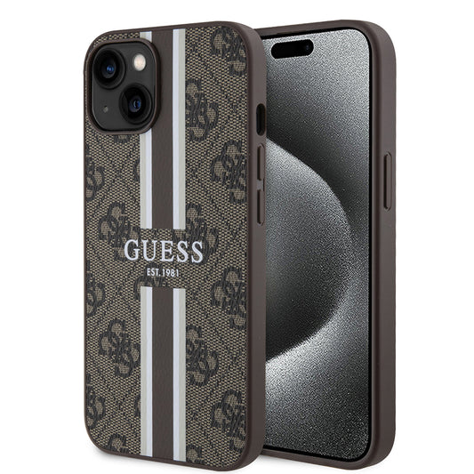 Husa MagSafe pentru Apple iPhone 15, Guess, 4G Printed Stripes, Maro