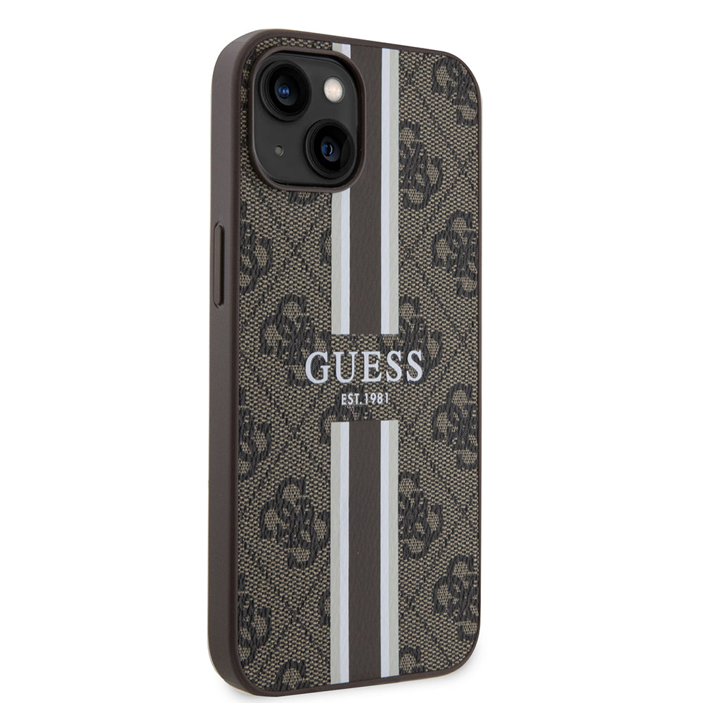 Husa MagSafe pentru Apple iPhone 15, Guess, 4G Printed Stripes, Maro