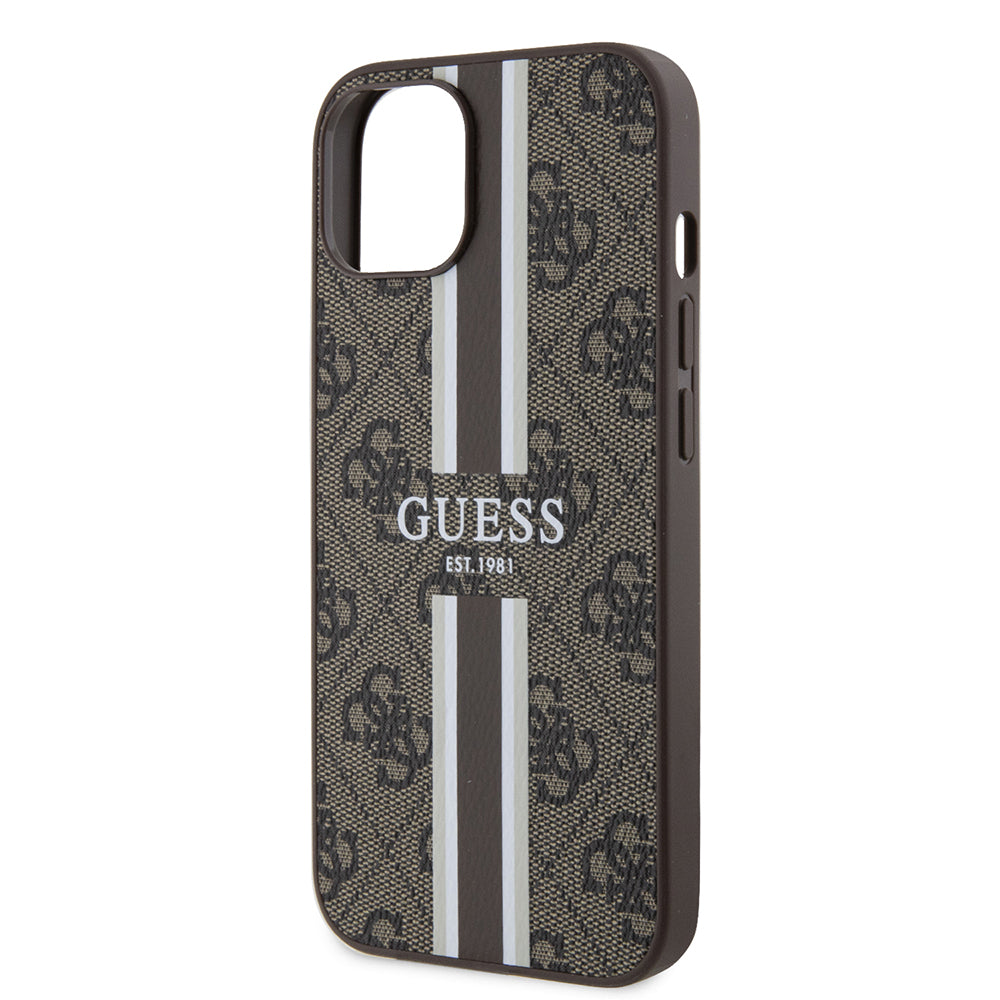Husa MagSafe pentru Apple iPhone 15, Guess, 4G Printed Stripes, Maro