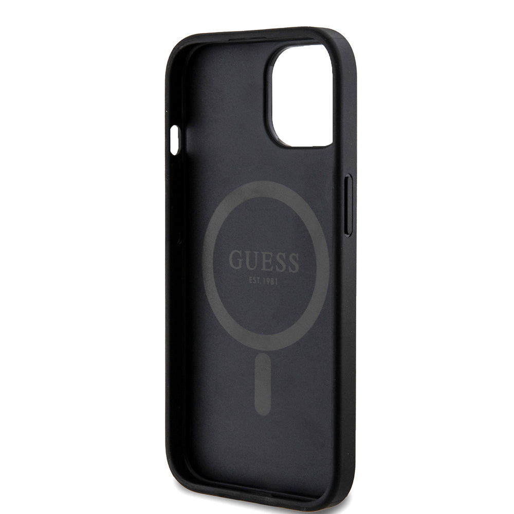 Husa MagSafe pentru Apple iPhone 15, Guess, 4G Ring Classic Logo, Neagra