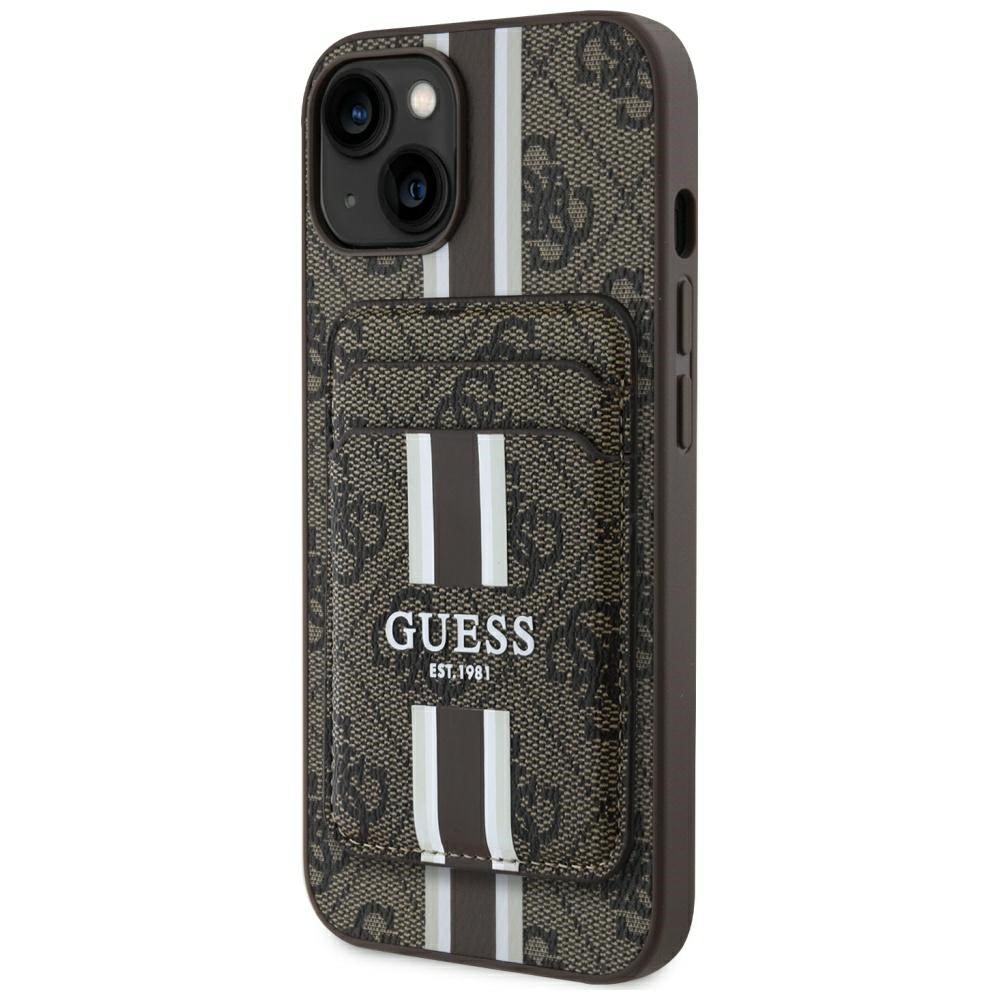 Husa MagSafe pentru Apple iPhone 15, Guess, Cardslot 4G Stripes , Maro