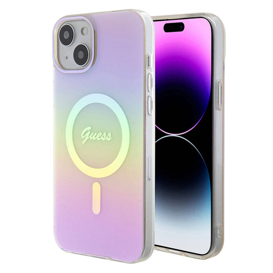 Husa MagSafe pentru Apple iPhone 15, Guess, IML Iridescent Script, Roz GUHMP15SHITSP