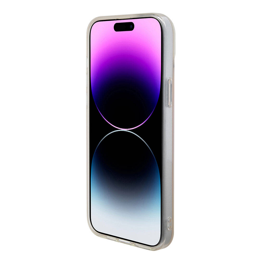 Husa MagSafe pentru Apple iPhone 15, Guess, IML Iridescent Script, Roz GUHMP15SHITSP