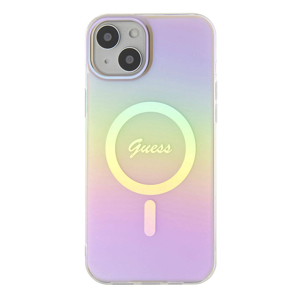 Husa MagSafe pentru Apple iPhone 15, Guess, IML Iridescent Script, Roz GUHMP15SHITSP