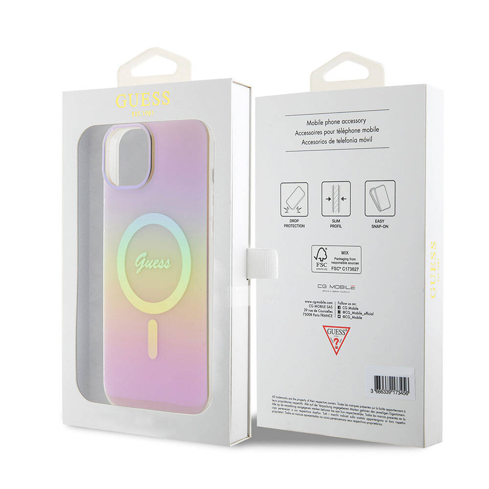 Husa MagSafe pentru Apple iPhone 15, Guess, IML Iridescent Script, Roz GUHMP15SHITSP