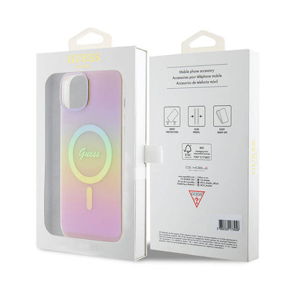 Husa MagSafe pentru Apple iPhone 15, Guess, IML Iridescent Script, Roz GUHMP15SHITSP