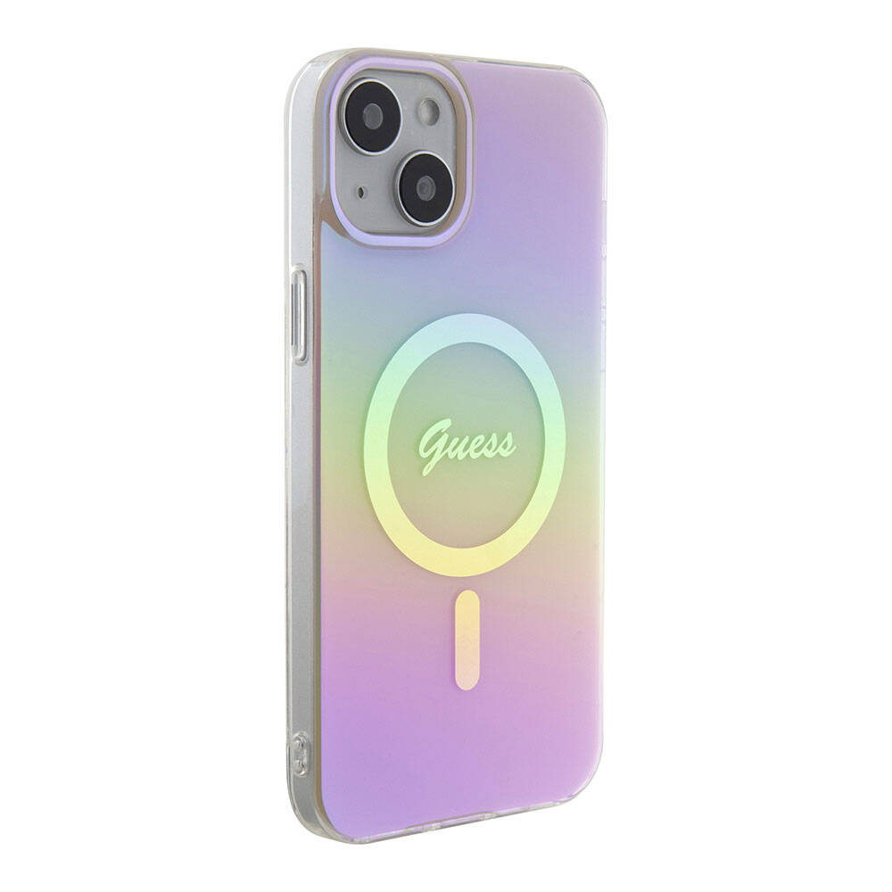 Husa MagSafe pentru Apple iPhone 15, Guess, IML Iridescent Script, Roz GUHMP15SHITSP