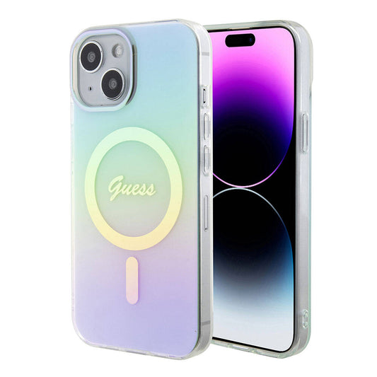 Husa MagSafe pentru Apple iPhone 15, Guess, IML Iridescent, Turcoaz