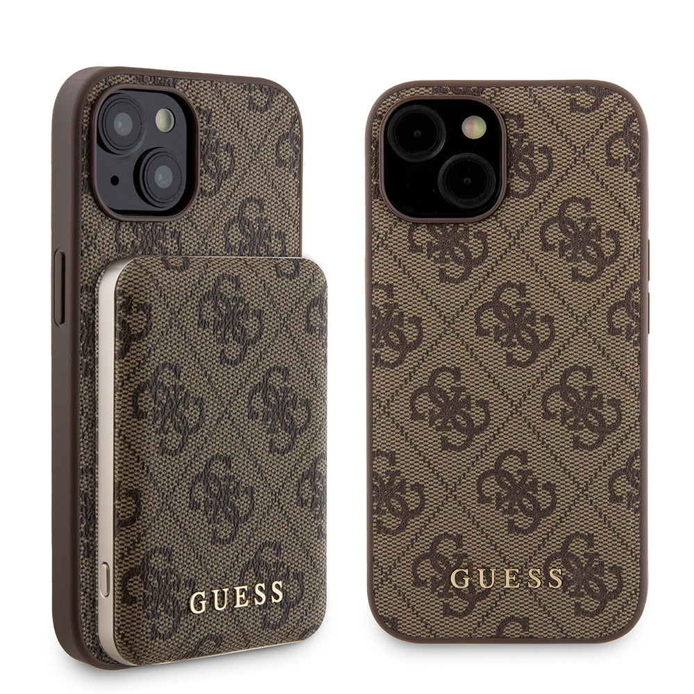 Husa MagSafe pentru Apple iPhone 15, Guess, Powerbank 4G Metal Logo, Maro