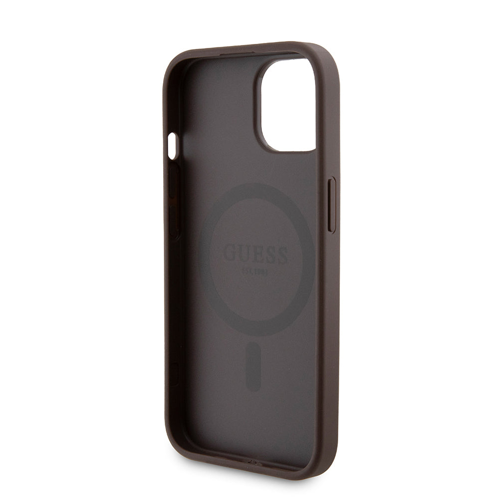 Husa MagSafe pentru Apple iPhone 15, Guess, Powerbank 4G Metal Logo, Maro