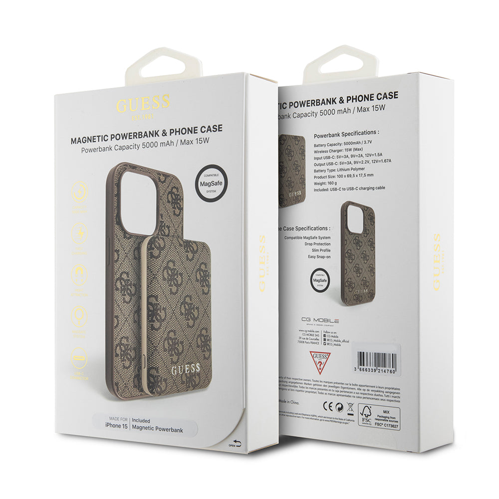 Husa MagSafe pentru Apple iPhone 15, Guess, Powerbank 4G Metal Logo, Maro