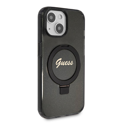 Husa MagSafe pentru Apple iPhone 15, Guess, Ring Stand Script Glitter, Neagra