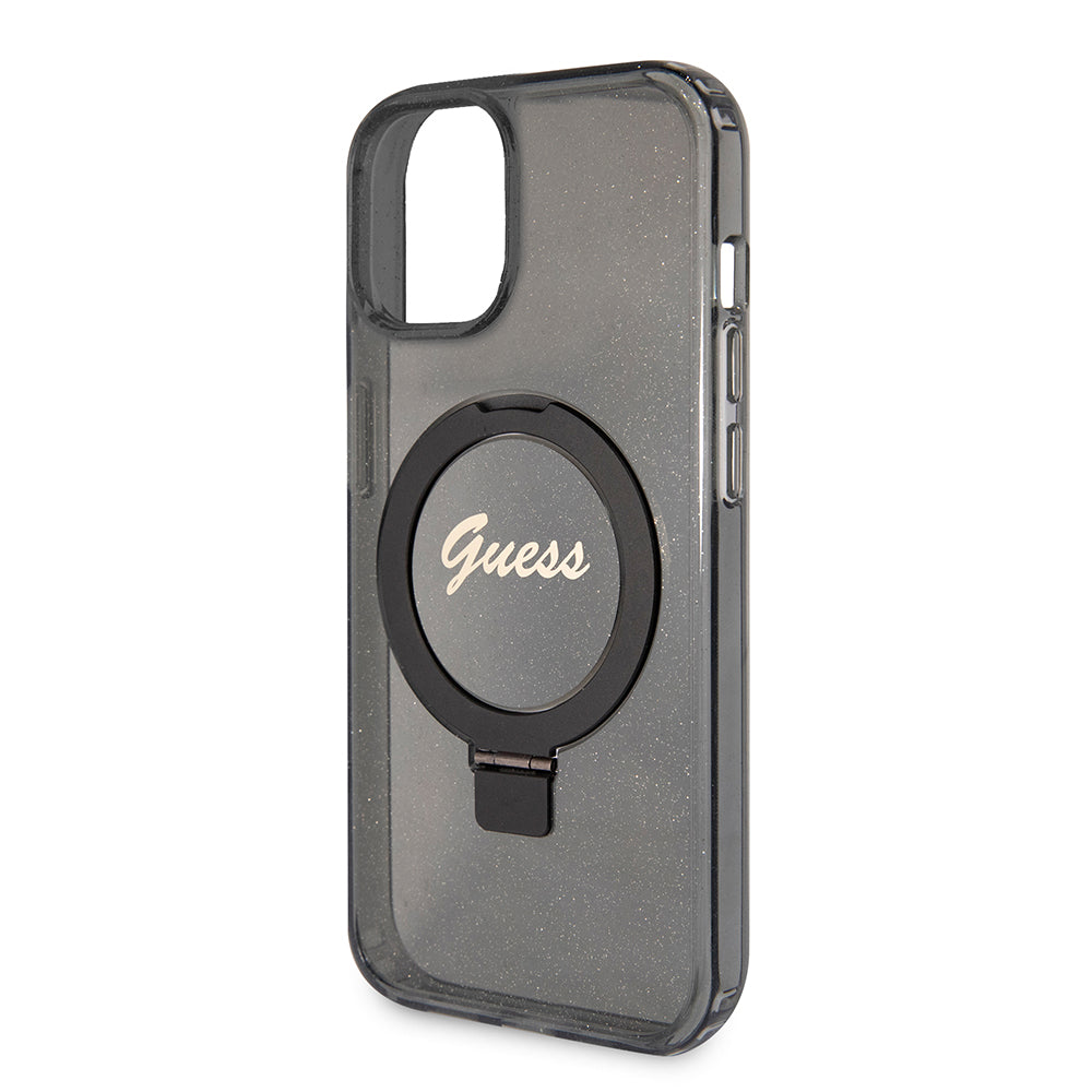 Husa MagSafe pentru Apple iPhone 15, Guess, Ring Stand Script Glitter, Neagra