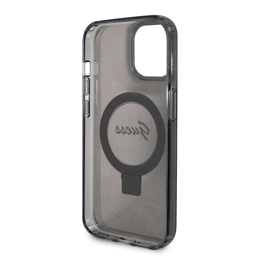 Husa MagSafe pentru Apple iPhone 15, Guess, Ring Stand Script Glitter, Neagra