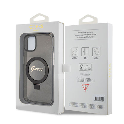 Husa MagSafe pentru Apple iPhone 15, Guess, Ring Stand Script Glitter, Neagra
