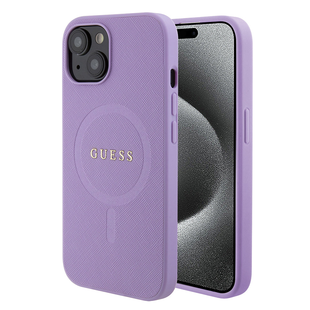 Husa MagSafe pentru Apple iPhone 15, Guess, Saffiano, Mov