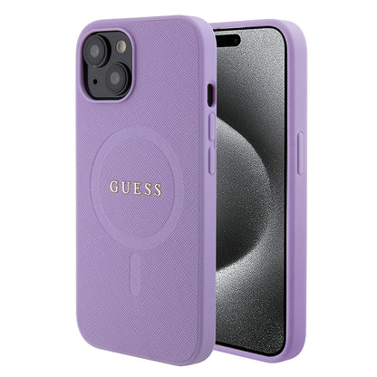 Husa MagSafe pentru Apple iPhone 15, Guess, Saffiano, Mov