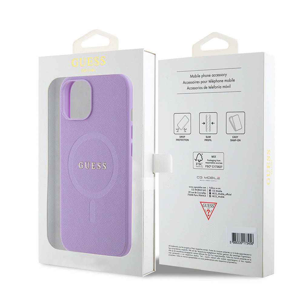 Husa MagSafe pentru Apple iPhone 15, Guess, Saffiano, Mov