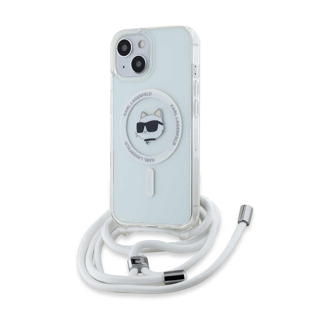 Husa MagSafe pentru Apple iPhone 15, Karl Lagerfeld, IML Crossbody Choupette's Head with Strap, Transparenta