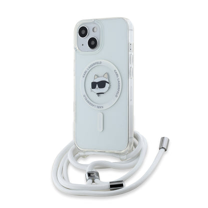 Husa MagSafe pentru Apple iPhone 15, Karl Lagerfeld, IML Crossbody Choupette's Head with Strap, Transparenta