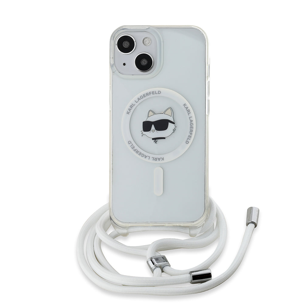 Husa MagSafe pentru Apple iPhone 15, Karl Lagerfeld, IML Crossbody Choupette's Head with Strap, Transparenta