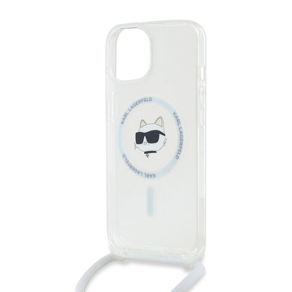 Husa MagSafe pentru Apple iPhone 15, Karl Lagerfeld, IML Crossbody Choupette's Head with Strap, Transparenta