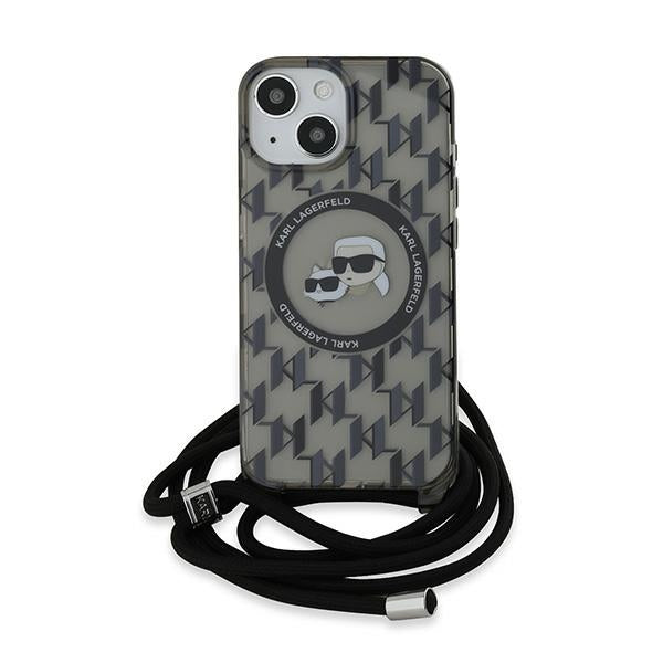 Husa MagSafe pentru Apple iPhone 15, Karl Lagerfeld, IML Crossbody Monogram Karl & Choupette's Heads, Neagra