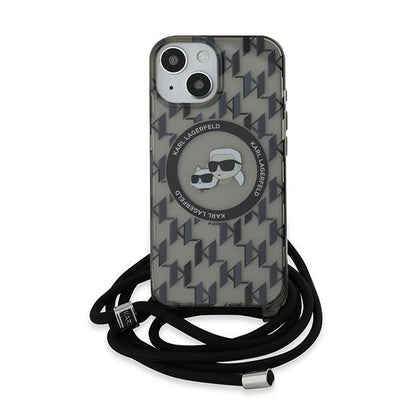 Husa MagSafe pentru Apple iPhone 15, Karl Lagerfeld, IML Crossbody Monogram Karl & Choupette's Heads, Neagra