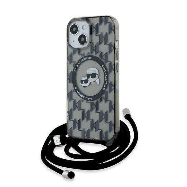 Husa MagSafe pentru Apple iPhone 15, Karl Lagerfeld, IML Crossbody Monogram Karl & Choupette's Heads, Neagra