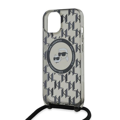 Husa MagSafe pentru Apple iPhone 15, Karl Lagerfeld, IML Crossbody Monogram Karl & Choupette's Heads, Neagra