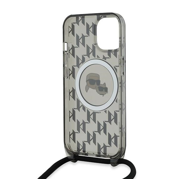 Husa MagSafe pentru Apple iPhone 15, Karl Lagerfeld, IML Crossbody Monogram Karl & Choupette's Heads, Neagra