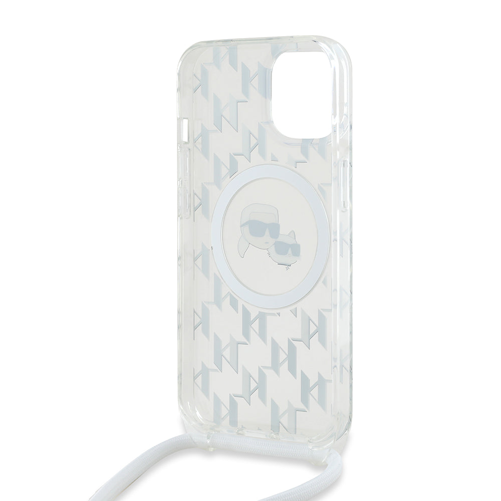 Husa MagSafe pentru Apple iPhone 15, Karl Lagerfeld, IML Crossbody Monogram Karl & Choupette's Heads, Transparenta