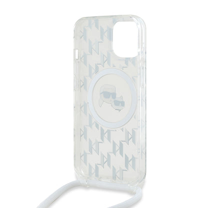 Husa MagSafe pentru Apple iPhone 15, Karl Lagerfeld, IML Crossbody Monogram Karl & Choupette's Heads, Transparenta