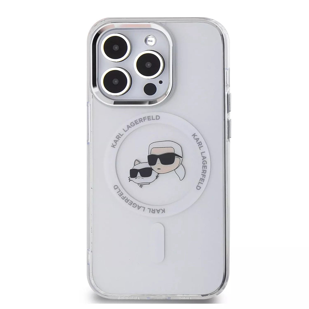 Husa MagSafe pentru Apple iPhone 15, Karl Lagerfeld, IML Metal Karl & Choupette's Heads, Transparenta