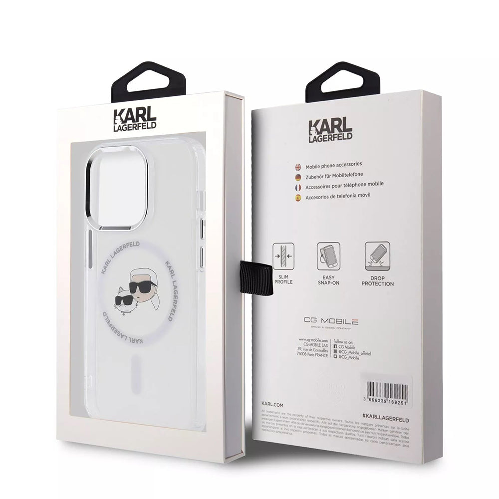 Husa MagSafe pentru Apple iPhone 15, Karl Lagerfeld, IML Metal Karl & Choupette's Heads, Transparenta