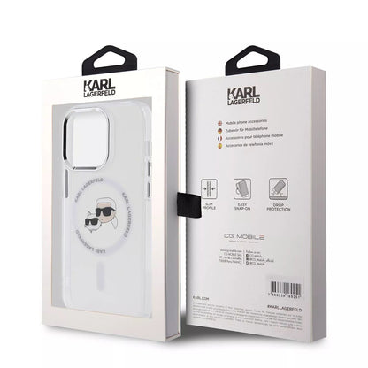Husa MagSafe pentru Apple iPhone 15, Karl Lagerfeld, IML Metal Karl & Choupette's Heads, Transparenta