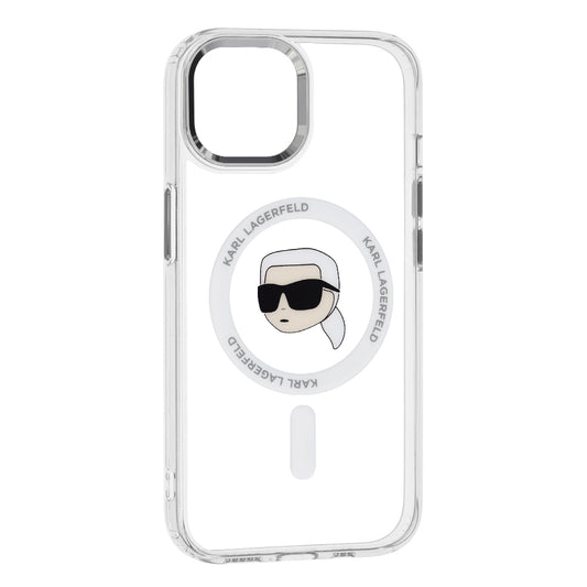 Husa MagSafe pentru Apple iPhone 15, Karl Lagerfeld, IML Metal Karl's Head, Alba