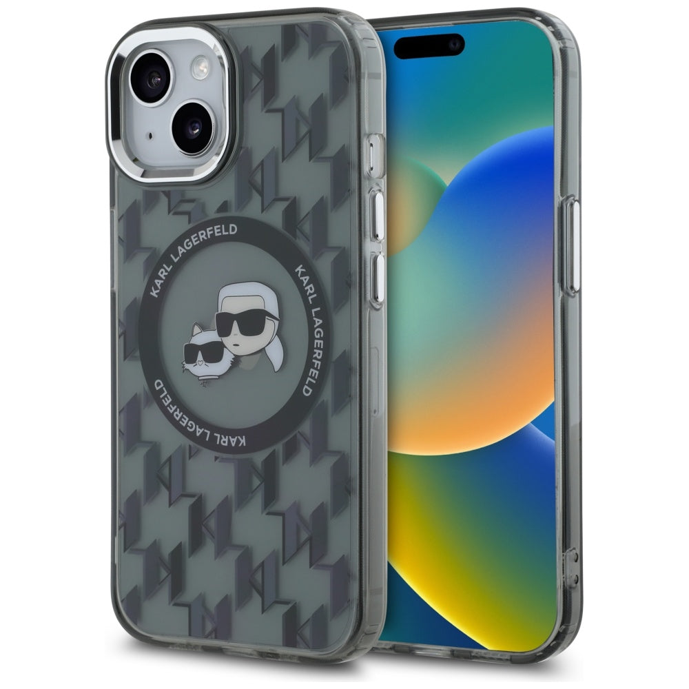 Husa MagSafe pentru Apple iPhone 15, Karl Lagerfeld, IML Monogram Karl & Choupette's Heads, Neagra