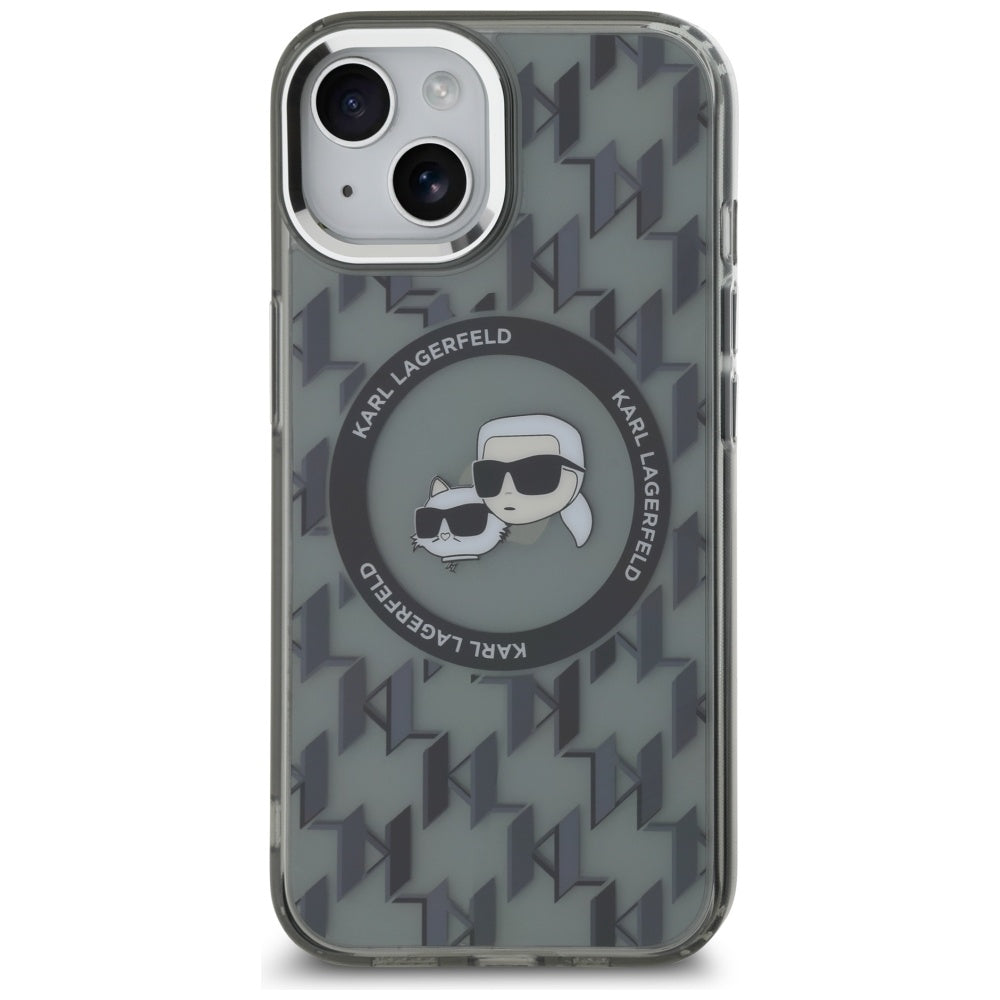 Husa MagSafe pentru Apple iPhone 15, Karl Lagerfeld, IML Monogram Karl & Choupette's Heads, Neagra