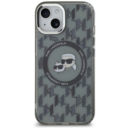 Husa MagSafe pentru Apple iPhone 15, Karl Lagerfeld, IML Monogram Karl & Choupette's Heads, Neagra