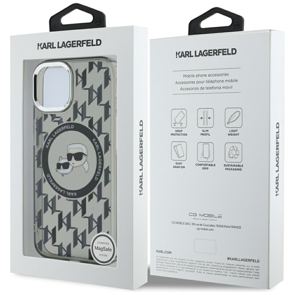 Husa MagSafe pentru Apple iPhone 15, Karl Lagerfeld, IML Monogram Karl & Choupette's Heads, Neagra