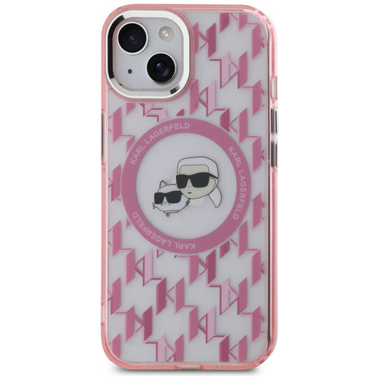 Husa MagSafe pentru Apple iPhone 15, Karl Lagerfeld, IML Monogram Karl & Choupette's Heads, Roz