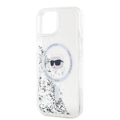 Husa MagSafe pentru Apple iPhone 15, Karl Lagerfeld, Liquid Glitter Karl's Head, Transparenta