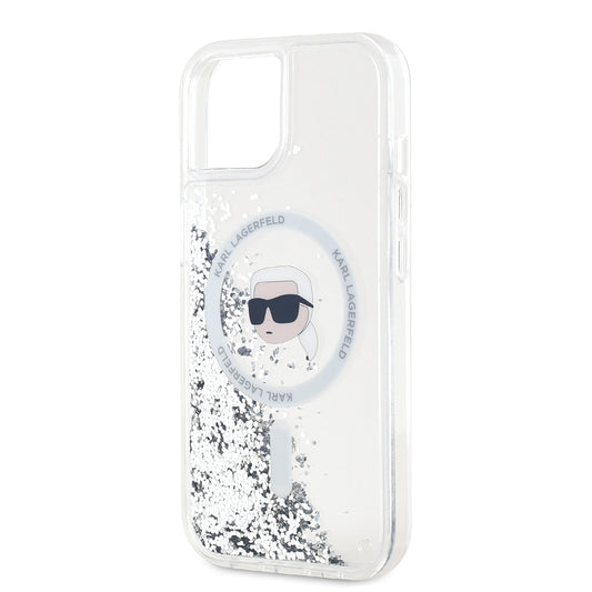 Husa MagSafe pentru Apple iPhone 15, Karl Lagerfeld, Liquid Glitter Karl's Head, Transparenta