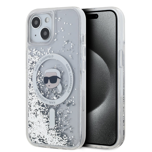 Husa MagSafe pentru Apple iPhone 15, Karl Lagerfeld, Liquid Glitter Karl's Head, Transparenta