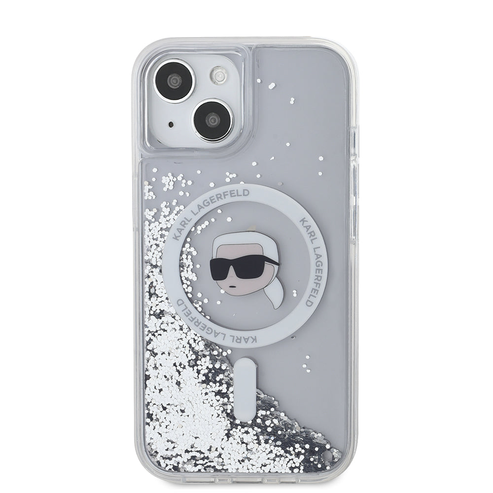 Husa MagSafe pentru Apple iPhone 15, Karl Lagerfeld, Liquid Glitter Karl's Head, Transparenta