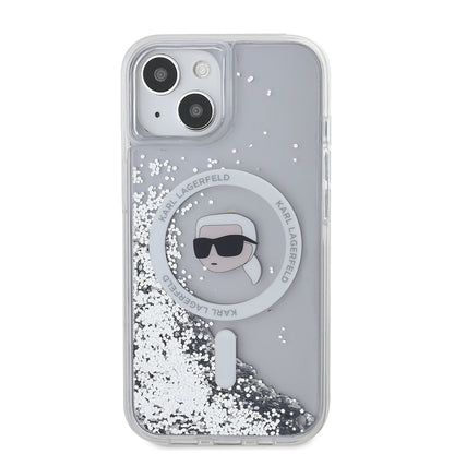 Husa MagSafe pentru Apple iPhone 15, Karl Lagerfeld, Liquid Glitter Karl's Head, Transparenta