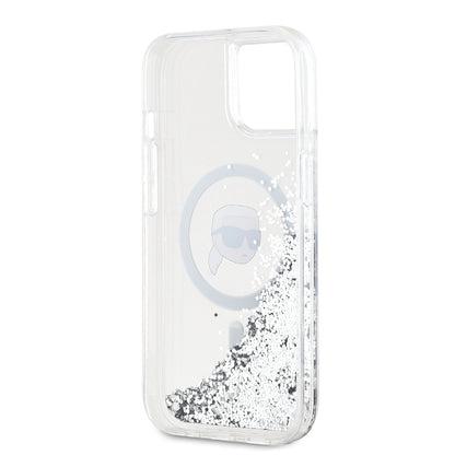 Husa MagSafe pentru Apple iPhone 15, Karl Lagerfeld, Liquid Glitter Karl's Head, Transparenta
