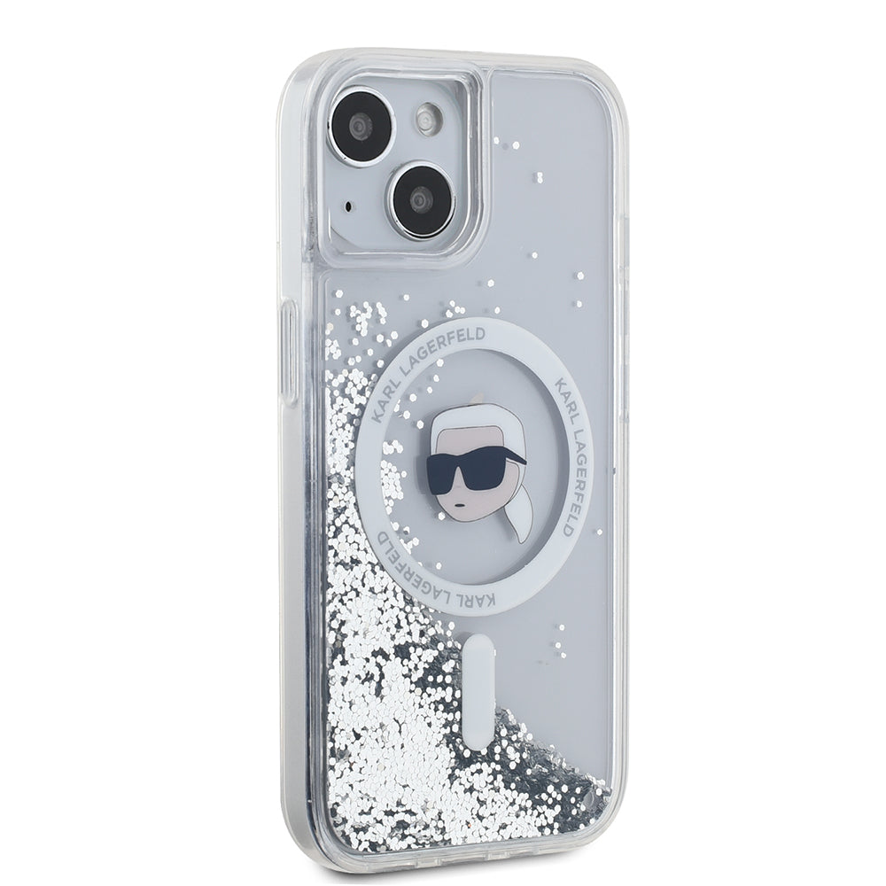 Husa MagSafe pentru Apple iPhone 15, Karl Lagerfeld, Liquid Glitter Karl's Head, Transparenta